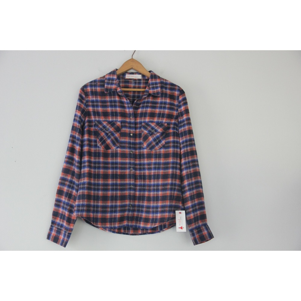 Love Tree Happens 100% Cotton Blue Orange Plaid Flannel Button Front Shirt L 749